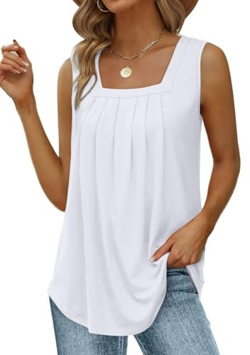 Cuptacc Top Damen Ärmelloses Tshirt Mit Falten Loose Fit Tunika Tank Top Damen Lang Weißes XL 46-48