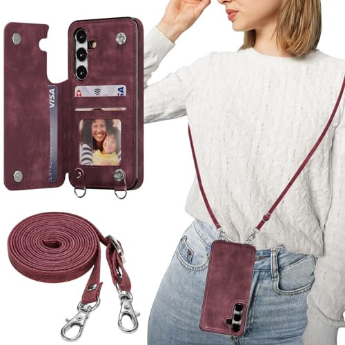 ZTOFERA Handyhülle mit Band Kette für Samsung Galaxy S24, Matt Weiche Rückseite Hülle mit Kartenfach Kordel Schnur Umhängeband, Premium PU Leder + TPU Schutzhülle Lanyard Case, Weinrot