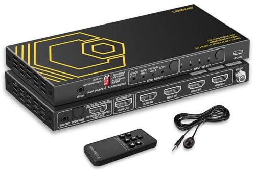HDMI 2.1 Switch 8K@60Hz 4K@120Hz 4 in 1 Ausgang mit Audio Extractor eARC, ARC, 7.1Ch, SPDIF 5.1Ch, 48Gbps, HDCP2.3 Bypass, VRR, IR, 3D, HDR 10, Dolby Atmos, kompatibel mit QLED TV