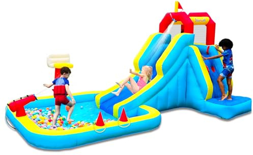 Bounwell Inflatable Water Slide, Blow Up Water Slide with Climbing Wall, Water Slide for Kids Backyard with Basketball Hoop, Water Cannon and Splash Pool