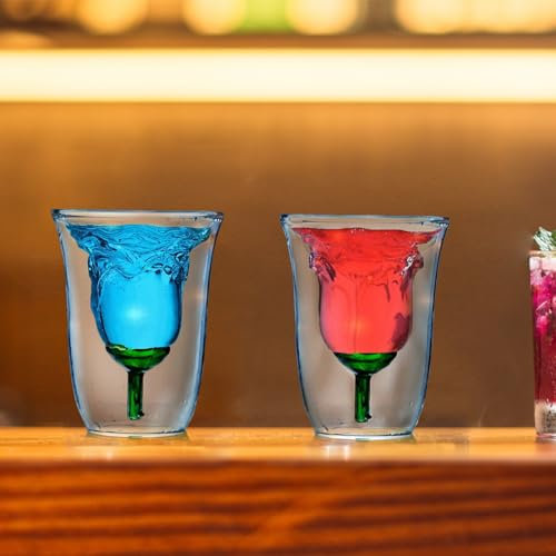 Tasse en Verre à Cocktail Double Couche en Forme de Fleur de Rose de 120 Ml, Verre à Vin sans Pied avec Rose à L'intérieur pour les Cadeaux de Mariage, de Saint-Valentin