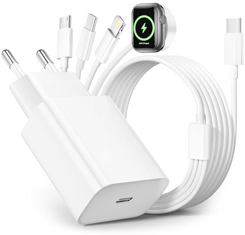 4 in 1 Cavo per Caricatore Apple Watch, 20W Caricatore USB C iPhone con Cavo Ricarica Apple Watch con Lightning/USB C/iWatch/Micro Caricabatteria per Apple Watch Serie 9/8/7/6/Ultra,iPhone 15 14 13 12