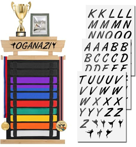 OGANAZI Espositore per cintura da karate, per 10 cinture, per arti marziali, con gancio per medaglie, espositore per cintura da taekwondo, con porta trofei/foto