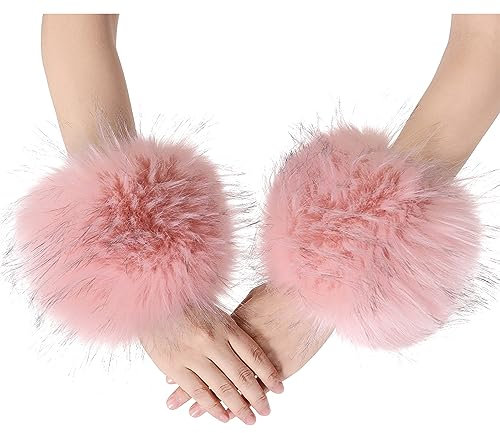sy soul young Damen Kunstpelz Handgelenk Manschetten Winter Fuchs Pelz Armbänder Fluffy Pelz Manschette Pulswärmer Armwärmer Zubehör(Rosa mit Spitzen)