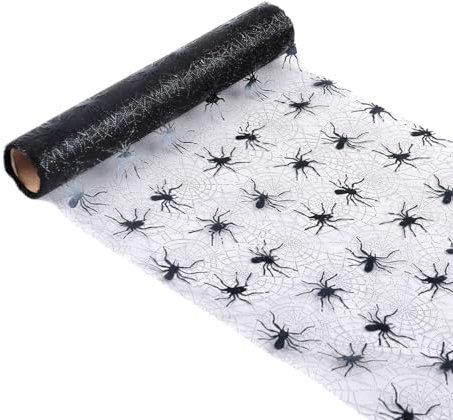 Huamengyuan Halloween Fledermaus Spinnennetz Rolle Tischset Tüllstoff Dekoration weicher Tüll Tüllstoff Halloween Tüllstoff Halloween Dekoration für Horror Party Spukhaus (Schwarze Spinne)