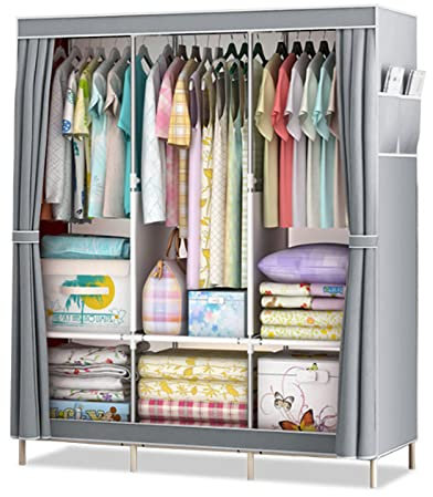 XZHWSZD Tragbarer Canvas-Kleiderschrank,Faltbarer Kleiderschrank-Aufbewahrungs-Organizer mit Kleiderstange,Regalen,Seitentaschen,Stoffschrank für Kleidung,Taschen,Grau-125x45x168cm