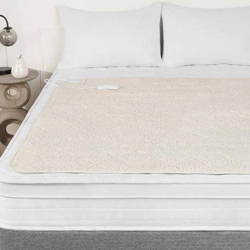 OHS Heated Single Underblanket, Teddy Fleece Electric Blanket Sheet 3 Heat Settings Heated Mattress Topper Quick Heat Up Easy Fit Straps Overheat Protection Bed Warmer, White - 60x135cm