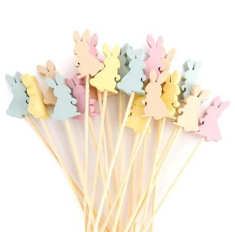 100 Counts Easter Picks,Easter Bunny Decorations,Easter Rabbit Cocktail Sticks Wooden Skewers Bamboo Sticks Toothpicks for Appetizers Birthday Wedding Party Food Fruit Cake