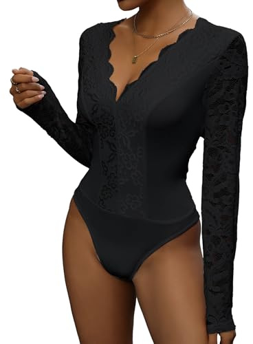 Everbellus Women Sexy Floral Long Sleeve Lace Bodysuit Deep v Neck Blouse