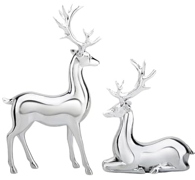 Hirsch Silber, Rentier Figuren Silber - Hirsch Figur Silber Verzinkt 2 Stück | Harz Skulptur Bastelstück Wohndeko für Schaufenster Nachttisch Bücherregal
