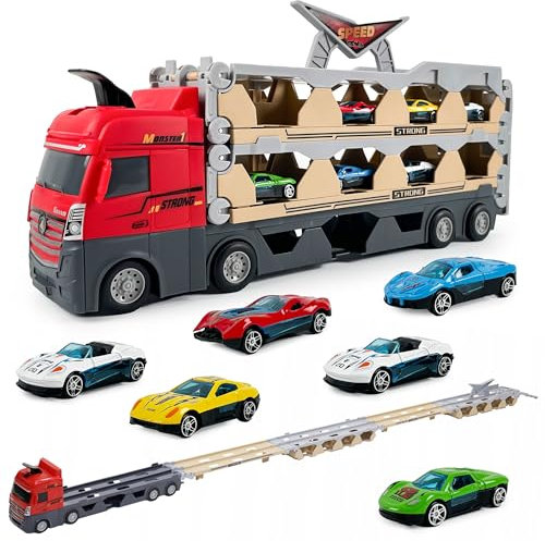 Transport Truck Spielzeugautos für Jungen - LKW - tragbares Rennbahn Truck 207cm, Spielzeugauto mit 6 Rennautos, Transporter Fahrzeug Spielzeug Set für Kinder ab 3, 4, 5, 6 Jahre