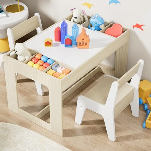 Kindertisch mit 2 Stühlen, Kindersitzgruppe mit Stauraum, Kinder Tisch Stuhl Set mit wendbarer Tischplatte, Kinderschreibtisch für Kindertagesstätte Kinderzimmer möbel, für Kinder ab 3 Jahren, Weiß