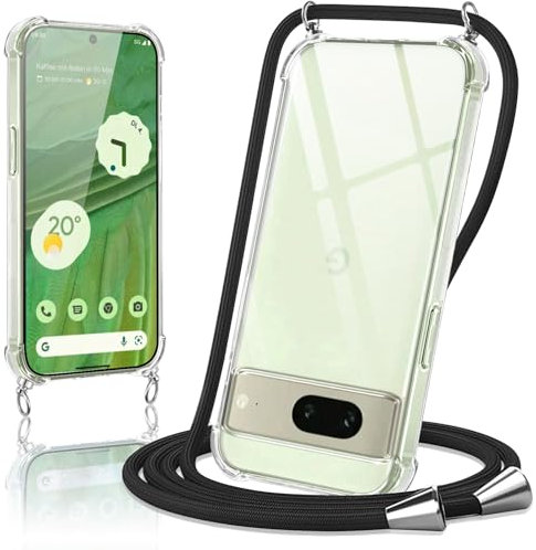 Oelrstfe Handyband Hülle mit Band für Google Pixel 7, Necklace Handyhülle mit Kordel Schutzhülle für zum Umhängen, Transparent TPU Case Stoßfest Kratzfest Silikon Cover mit Kette, Schwarz