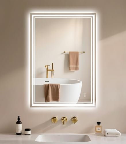Badspiegel mit Beleuchtung 40x60cm - Badezimmer-Spiegel-LED - Badezimmerspiegel mit Beschlagfrei Touch-Schalter Dimmbar 3 Lichtfarben Entfoggen Wandspiegel IP44 Led-Spiegel-Bad Horizontal/Vertikal