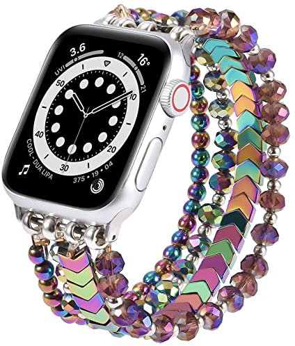 V.R.HOPE Perlenarmband kompatibel mit Apple Watch Armband 40mm 42mm 41mm 38mm Damen Mode Kristall Bead, elastisch und dehnbar, geeignet für iWatch SE und Series 10 9 8 7 6 5 4 3 2 1-Buntbunt-klein