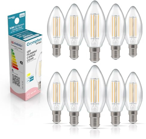 Crompton Lamps Filament Candle LED Light Bulb SBC-B15d | 5.9W = 60W Equivalent | Cool White 4000K | Energy Efficient | Small Bayonet Lightbulb | Long Life 15,000-Hrs | Clear Glass | Dimmable | 10-Pack