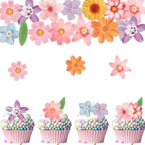 ENLACE 50 Stück Essbare Blumen für Torte, Blätter Cupcake Deko Essbar | Tortendeko Blumen Essbar, Essbare Blüten Tortendeko Hochzeit, Esspapier Blüten Kuchen Deko für Geburtstag, Sommer Party Deko