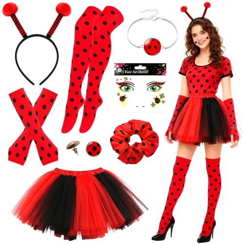 MarienkäFer KostüM Damen Erwachsene Ladybug ZubehöR Umhang mit Marienkäfer-Haarreif Gesichtsaufkleber Rock Handschuhe Socken Ohrringe Armband Haargummi für Halloween Karneval Cosplay Mottoparty