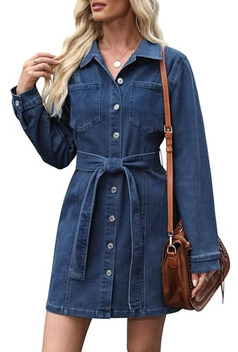 Fengbay Denim Dresses for Women Short Sleeve Button Down Jean Shirt Dress | Drawstring Waist,Suitable For Summer Dates, Holiday Trips & Daily Wear, Lightweight Stretch Cotton Denim
