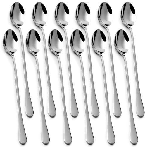 lulir Stainless Steel Spoons Long Handle 12 Pcs – Durable 7.6in/19.3cm Long Premium Coffee Spoons for Iced Tea Milk Shake Ice Cream Sundeas Cool– Elegant Long Handled Teaspoons for Home and Cafe