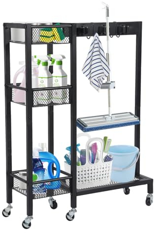 Reinigungswagen 85 × 42 × 30 cm – Mobiler Putzwagen mit Mopphalter & Besenhalter, 6 Räder (3 mit Bremse), 6 Gerätehalter & 2 Doppelhaken, 3 Ablagen – Haushalt & Reinigungstrolley