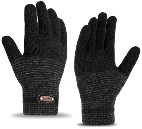 FOSDICK Thermohandschuhe Winter Herren, Elastisch Fleece Handschuhe Herren, Schwarz Touchscreen Handschuhe, Verdickt Strickhandschuhe Unisex für Kaltes Wetter zum Laufen zum Skifahren Fahren
