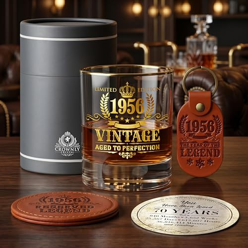 CROWNLY CRYSTAL® 1956 70th Birthday Gifts for Men Whiskey Glass Personalised Whiskey Gift Sets 70th Birthday Decorations Cards Presents Grandad Dad Birthday Gifts