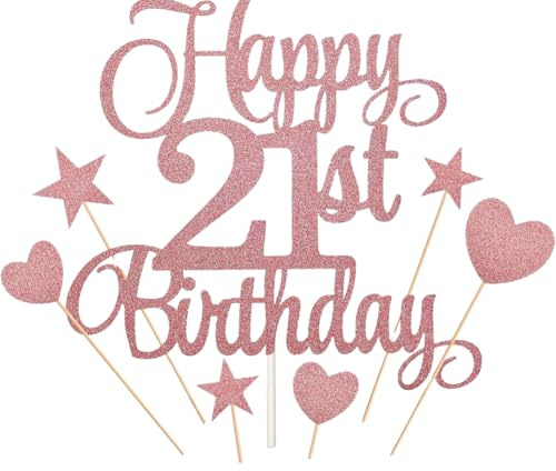 PLUSHCEWT Rose Gold Happy 21st Birthday Cake Topper Set with Star and Heart Picks,21 Birthdays Decorations for Him and Her,Glitter Cake Decorations for Birthday Party Supplies (21st)