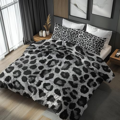 Generisch Bettwäsche 135x200 Grau Leopardenmuster, Weiche Bügelfreie Mikrofaser Bettbezug Set 2tlg, Gepard Wildtiere Muster Schlafzimmer Deko, 1 Kissenbezug 80x80, mit Reißverschluss IGT139