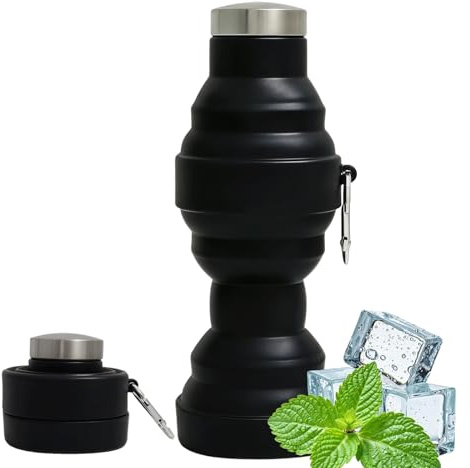 dellyy Gobelet Pliable Silicone 550ml, Gourde Souple Étanche & Portable, Sans BPA, Bouteille Pliable RandonnéEF, Idéal pour Running, Camping, Sports de Plein Air, Voyages & Randonnée (Noir)