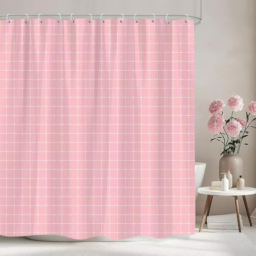 TYHKXAI Duschvorhang mit Chevron-Muster, schwarz-weißen Linien und geometrischen Formen, moderner Stil, Polyester, Badezimmerdekoration (250 x 170 cm/B x H/Rosa)