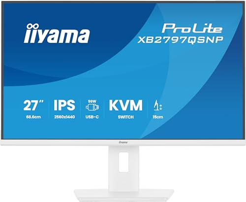 iiyama Prolite XB2797QSNP-W1 QHD IPS-Monitor | 68,5 cm, 27, HDMI, DP-in/out, DaisyChain, USB-C Dock, 96W, RJ45, KVM, USB3.2, Höhenverstellung, Adaptive Sync, weiß