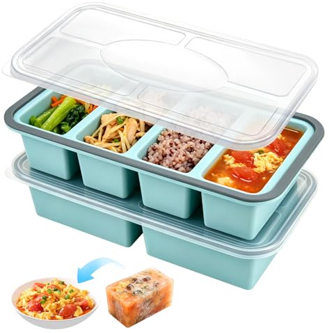 Zoomarlous Silikon-Gefrierformen mit Deckel, Suppen-Gefrierbehälter, Stahlverstärkter Rand, stapelbare Eiswürfelform mit Deckel, 2 x 500 ml, 4 x 250 ml Würfel für Brühe, Soße, Mahlzeiten, Vorbereitung