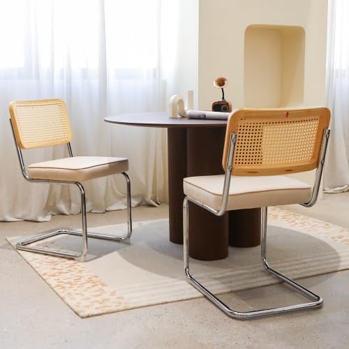 Bladez Sillas de Comedor de Estilo Mid-Century Cantilever, juego de 4, terciopelo y ratán, sillas de cocina tejidas, silla tapizada con estructura cromada, para comedor, sala de estar (beige)