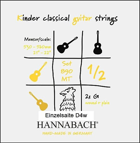 Cordes de guitare classique Hannabach Série 890 MT pour guitare d'enfant 1/2 Diapason : 53-56cm - Ré4 filé - 8904MT 1/2