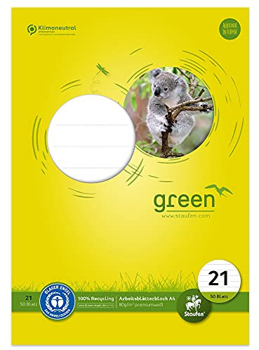 Staufen Green Arbeitsblätterblock - DIN A4, Lineatur 21 (9mm liniert), 50 Blatt, 4-fach Lochung, premiumweißes 80g/m² Recyclingpapier, 1 Stück
