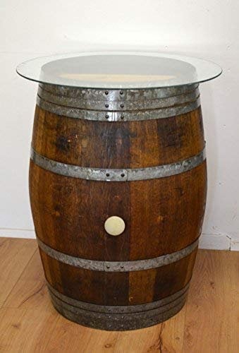Dekofass, Stehtisch aus echtem Weinfass, Gartentisch mit Glas -Tischplatte D80cm - Fass in verschiedenen Variationen (Fass Natur geölt)