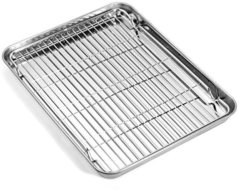 Baking Sheet with Wire Rack Set, Stainless Steel Cookie Sheet Baking Pan Toaster Oven Tray with Cooling Rack, 12.4 x 10 x 1 Inch Quarter Sheet Pan - Non Toxic & Dishwasher Safe