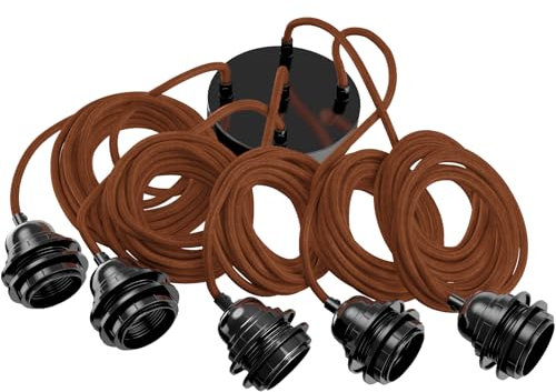 Hoopzi - Suspension Luminaire 5 Ampoules - 3,5m - Câble en Lin - Lustre pour Salon, Cuisine, Chambre - Modèle Hang 5 Lin Brique