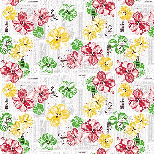 Sovie Home Tischdecke Hello Spring in Rot-Gelb, Linclass® Airlaid, 80x80 cm, 1 Stück, Aquarellblüten auf dekorativem Zeitungsprint für frühlingshafte Tischdeko, Ideal für Sommerfeste