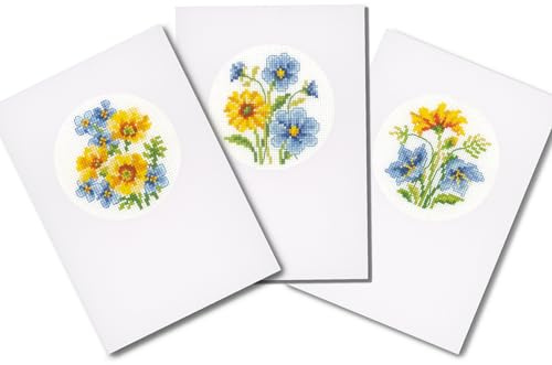 Vervaco Greeting Cards Set of 3, Assorted Flowers Counted Cross Stitch Kit 10.5 x 15 x 1 cm, Cotton, multicoloured, 3 Units