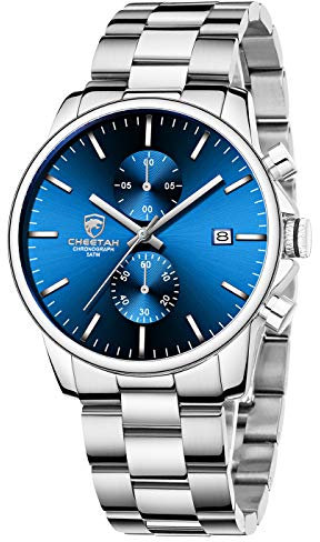 GOLDEN HOUR Montres pour Hommes d'affaires de Mode avec Montre à Quartz chronographe étanche en Acier Inoxydable pour Hommes, Date Automatique (Silver Blue)