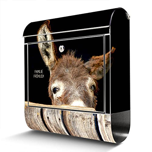 banjado® Briefkasten Edelstahl personalisiert mit Motiv Esel 38x43x12cm & 2 Schlüssel - rostfreier Edelstahl Briefkasten mit Zeitungsfach - Postkasten A4 Einwurf inkl. Montagematerial
