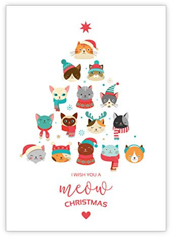 4 Klappkarten: lustige Katzen Weihnachtsbaum Weihnachtskarte: I wish U meow christmas • Weihnachtsgrußkarten inkl Umschläge zu Neujahr, Silvester für Familie, Freunde, Kollegen aus der Firma