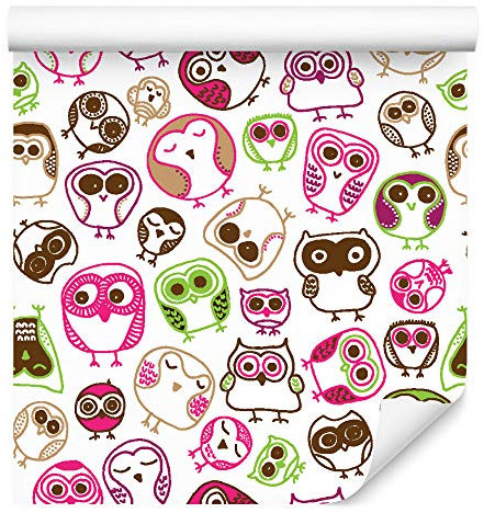 Muralo Tapete 10m Rolle Vlies Tapete Tiere Natur Vögel Eulen Punkte Kugeln Vliestapete 1000 x 53cm Wand Tapete Wohnzimmer Kinderzimmer Moderne Wanddeko Wand Dekoration