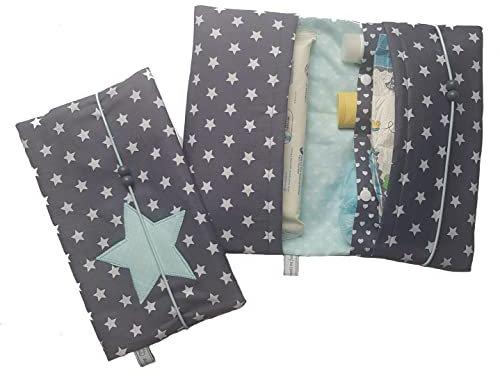 Wickeltasche Windeltasche Sterne dunkelgrau mit Sternapplikation hellmint Handmade (Sterne 15 mm)