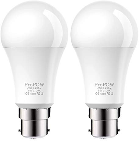 Dusk to Dawn Light Bulb,ProPOW 5W (40 Watt Equivalent) Sensor LED Bulbs A19 Automatic On/Off, Indoor/Outdoor Lighting Lamp for Porch Garage Driveway Yard Hallway Basement Patio(B22,Soft White,2-Pack)