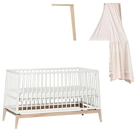 Leander Luna Babybett 140x70cm - weiß/Eiche mit Himmelgestell Eiche und Himmel dusty rose, OHNE MATRATZE