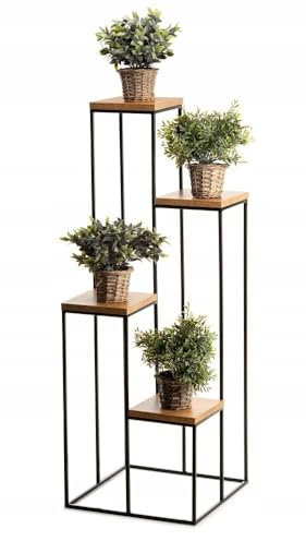 HowHomely 4 Etagen Blumentreppe Metall - Pflanzentreppe 110 cm Hoch - Blumenregal mit MDF-Platten in Eichenoptik - Solider Blumenständer für die Innendekoration