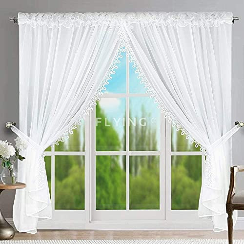 FKL DESIGN Home Deco LB-11-A - Cortina para puerta de balcón, cortina lista para usar hecha de voile con cinta plisada de guipur, cortina larga y moderna, 250 x 400 cm, color blanco (250 x 600 cm)